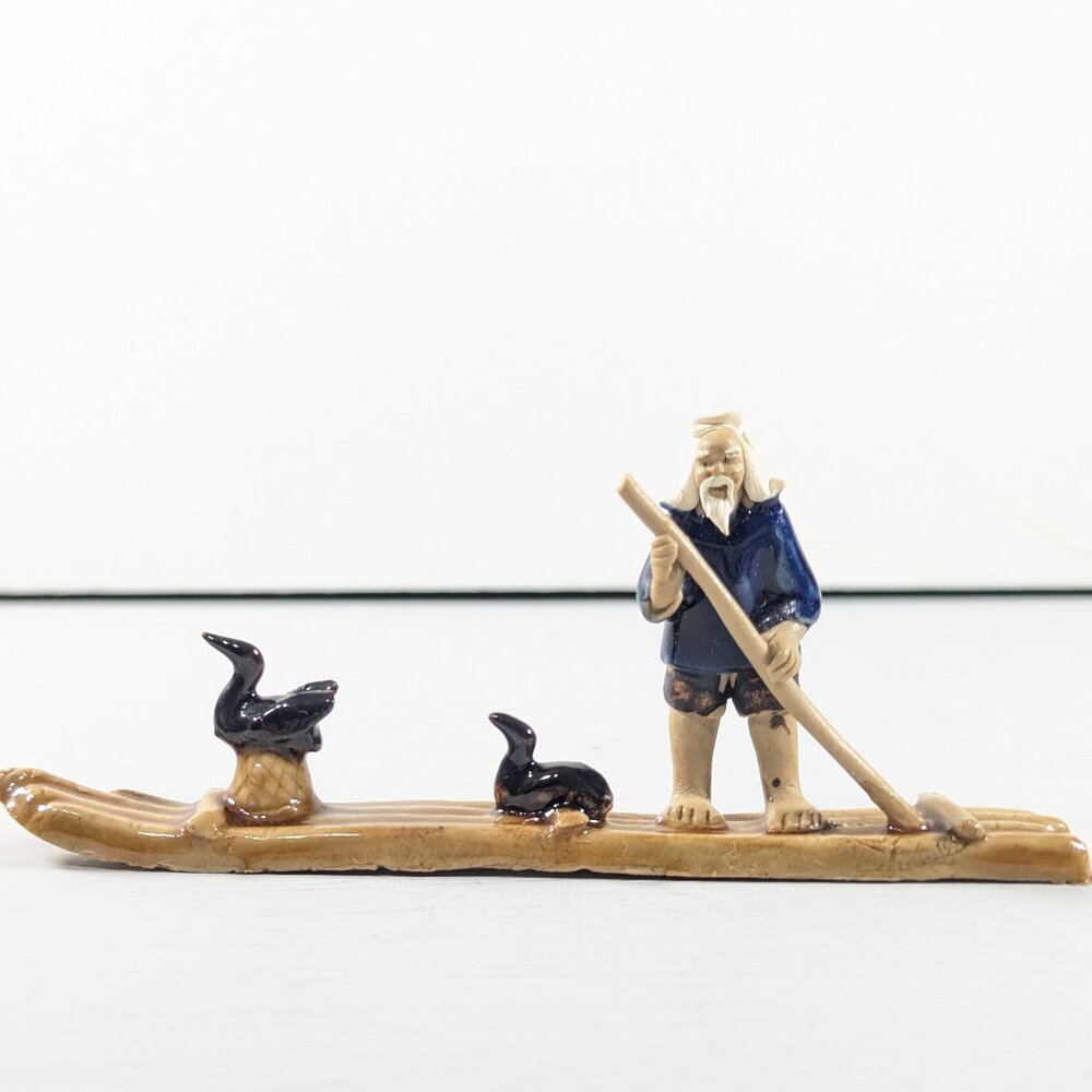 Miniature Shiwan Chinese Fisherman Mudman Figurine Raft and ducks